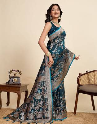 blue satin printed saree with blouse 3