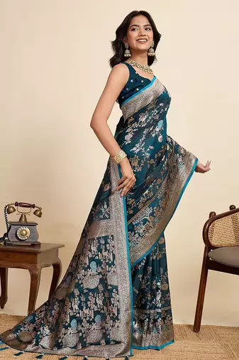 blue satin printed saree with blouse