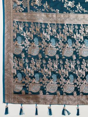 blue satin printed saree with blouse 5