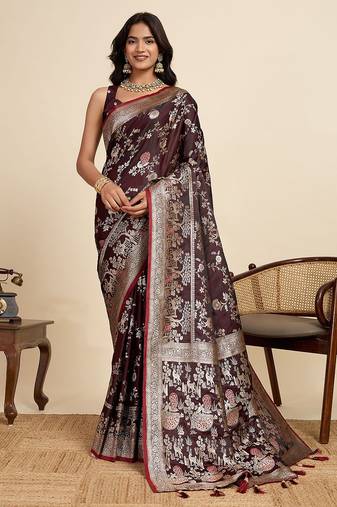 maroon satin printed saree with blouse