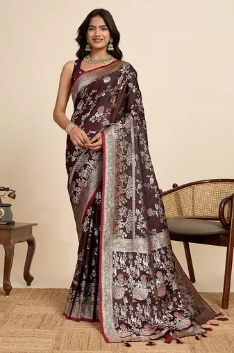 maroon satin printed saree with blouse