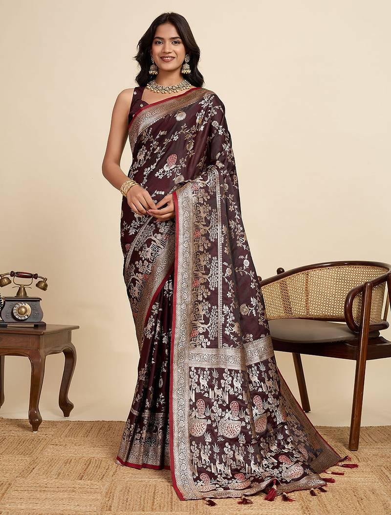 maroon satin printed saree with blouse