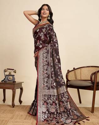 maroon satin printed saree with blouse 2