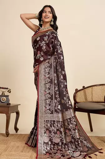 maroon satin printed saree with blouse