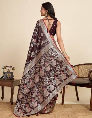 maroon satin printed saree with blouse 3
