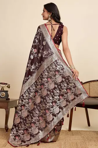 maroon satin printed saree with blouse