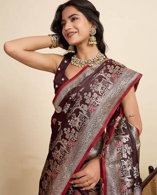 maroon satin printed saree with blouse 4