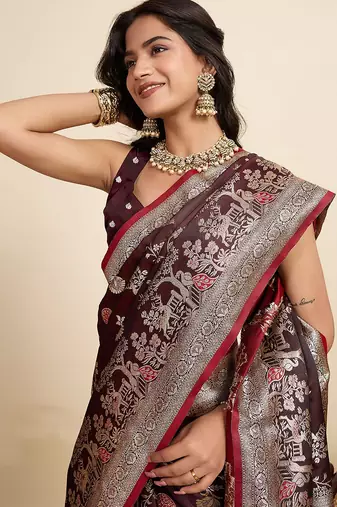 maroon satin printed saree with blouse