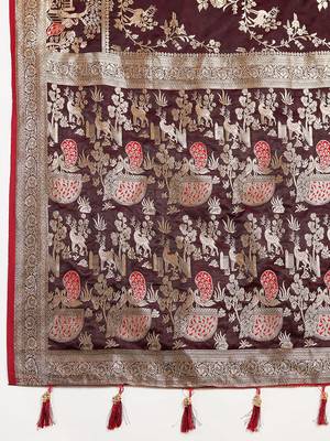 maroon satin printed saree with blouse 5