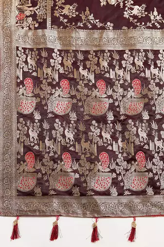 maroon satin printed saree with blouse