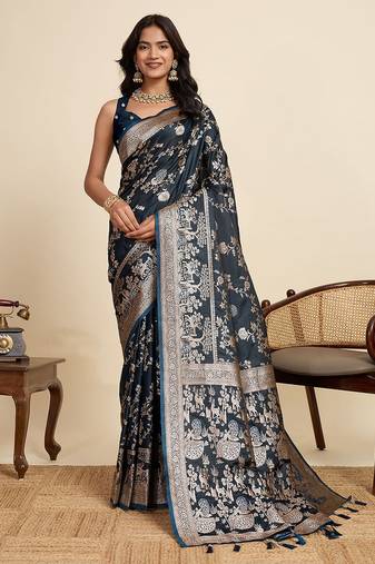 navy blue satin printed saree with blouse