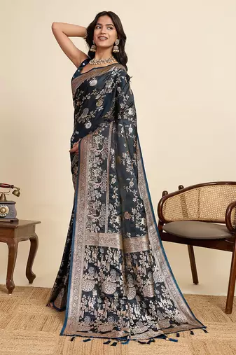 navy blue satin printed saree with blouse