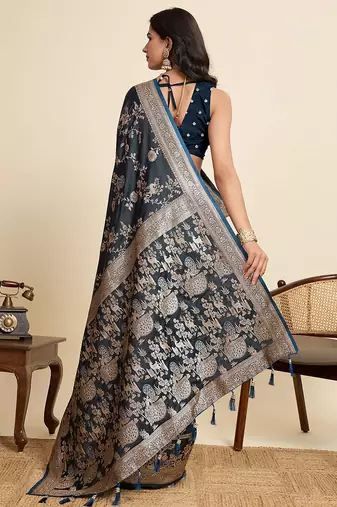 navy blue satin printed saree with blouse