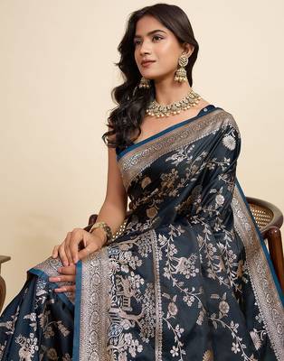 navy blue satin printed saree with blouse 4