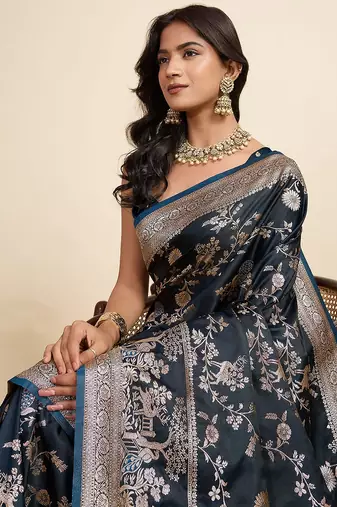 navy blue satin printed saree with blouse