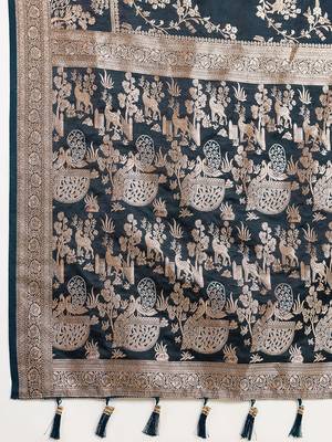 navy blue satin printed saree with blouse 5