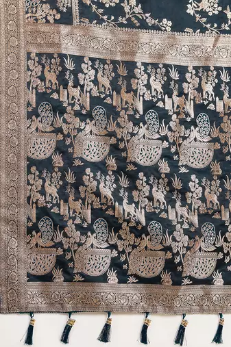 navy blue satin printed saree with blouse