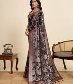 purple satin printed saree with blouse
