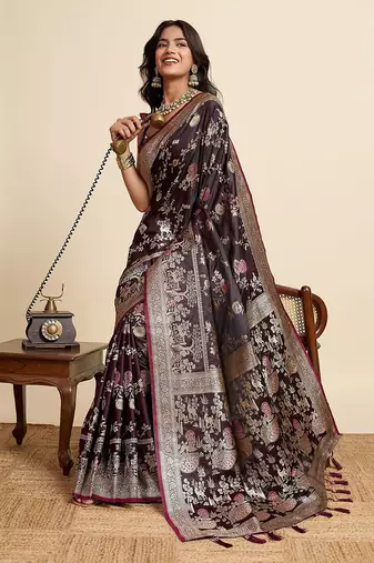 purple satin printed saree with blouse