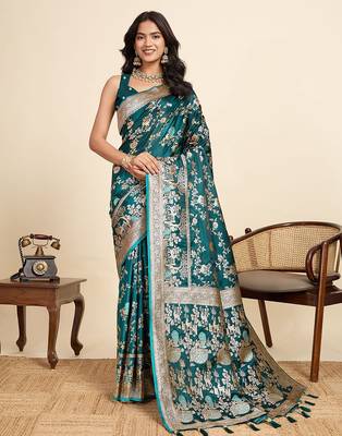 teal satin printed saree with blouse 1
