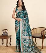 teal satin printed saree with blouse