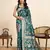teal satin printed saree with blouse