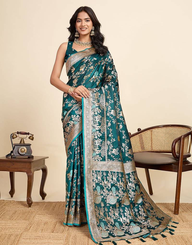 teal satin printed saree with blouse