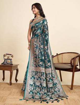 teal satin printed saree with blouse 2