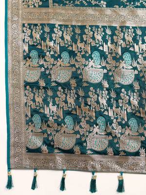 teal satin printed saree with blouse 5