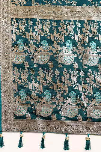 teal satin printed saree with blouse