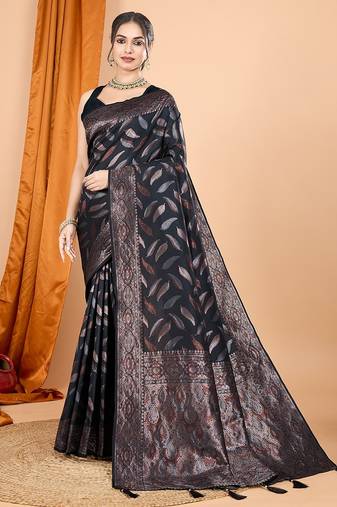 black silk blend printed saree with blouse