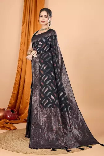 black silk blend printed saree with blouse