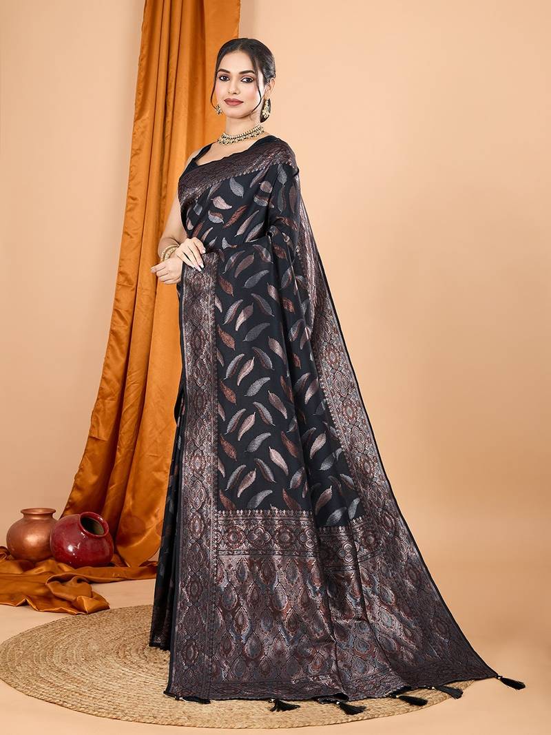 black silk blend printed saree with blouse