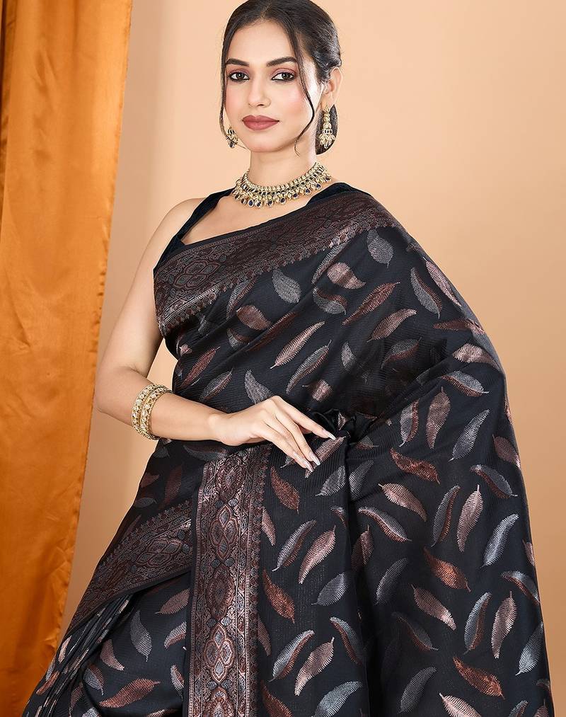black silk blend printed saree with blouse