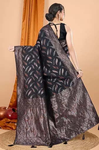 black silk blend printed saree with blouse