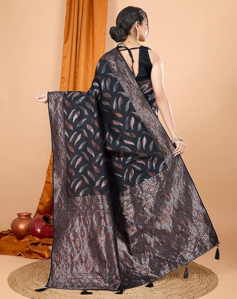 black silk blend printed saree with blouse