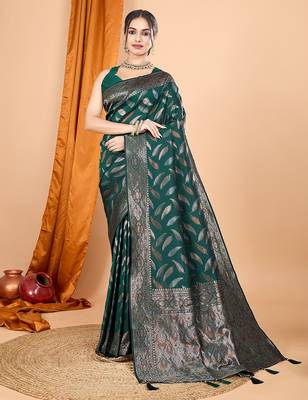 green silk blend printed saree with blouse 1