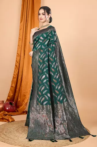 green silk blend printed saree with blouse