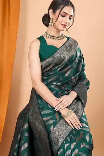 green silk blend printed saree with blouse