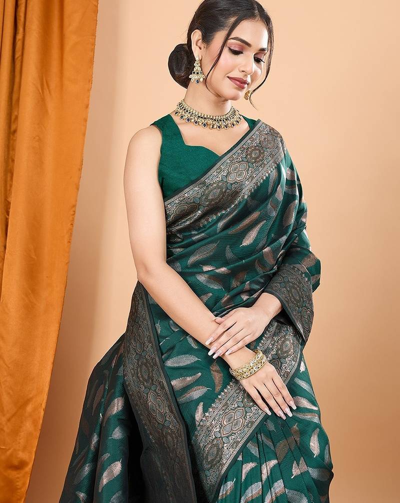 green silk blend printed saree with blouse