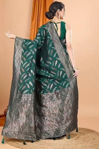 green silk blend printed saree with blouse