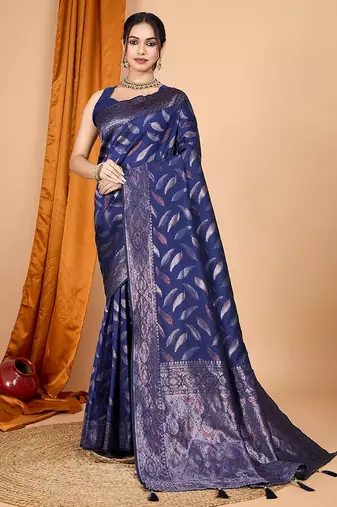 navy blue silk blend printed saree with blouse