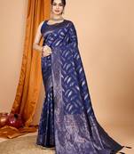 navy blue silk blend printed saree with blouse