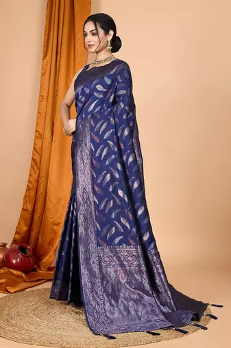 navy blue silk blend printed saree with blouse