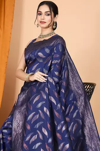 navy blue silk blend printed saree with blouse