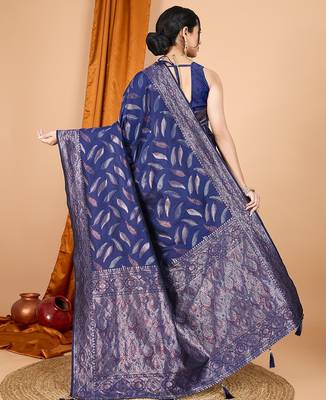 navy blue silk blend printed saree with blouse 4
