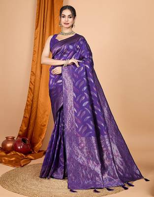 violet silk blend printed saree with blouse 1