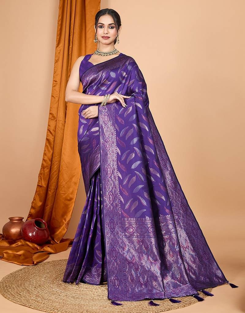 violet silk blend printed saree with blouse