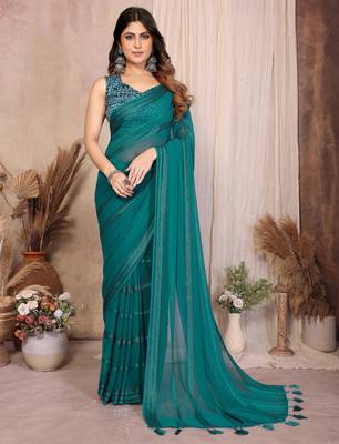  teal georgette silk blend kaju patta pattern saree with foil print banglory blouse & pallu latkan  rich tone color 1