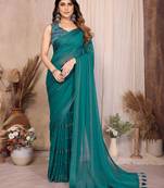  teal georgette silk kaju patta pattern saree with foil print banglory blouse & pallu latkan – rich tone color
